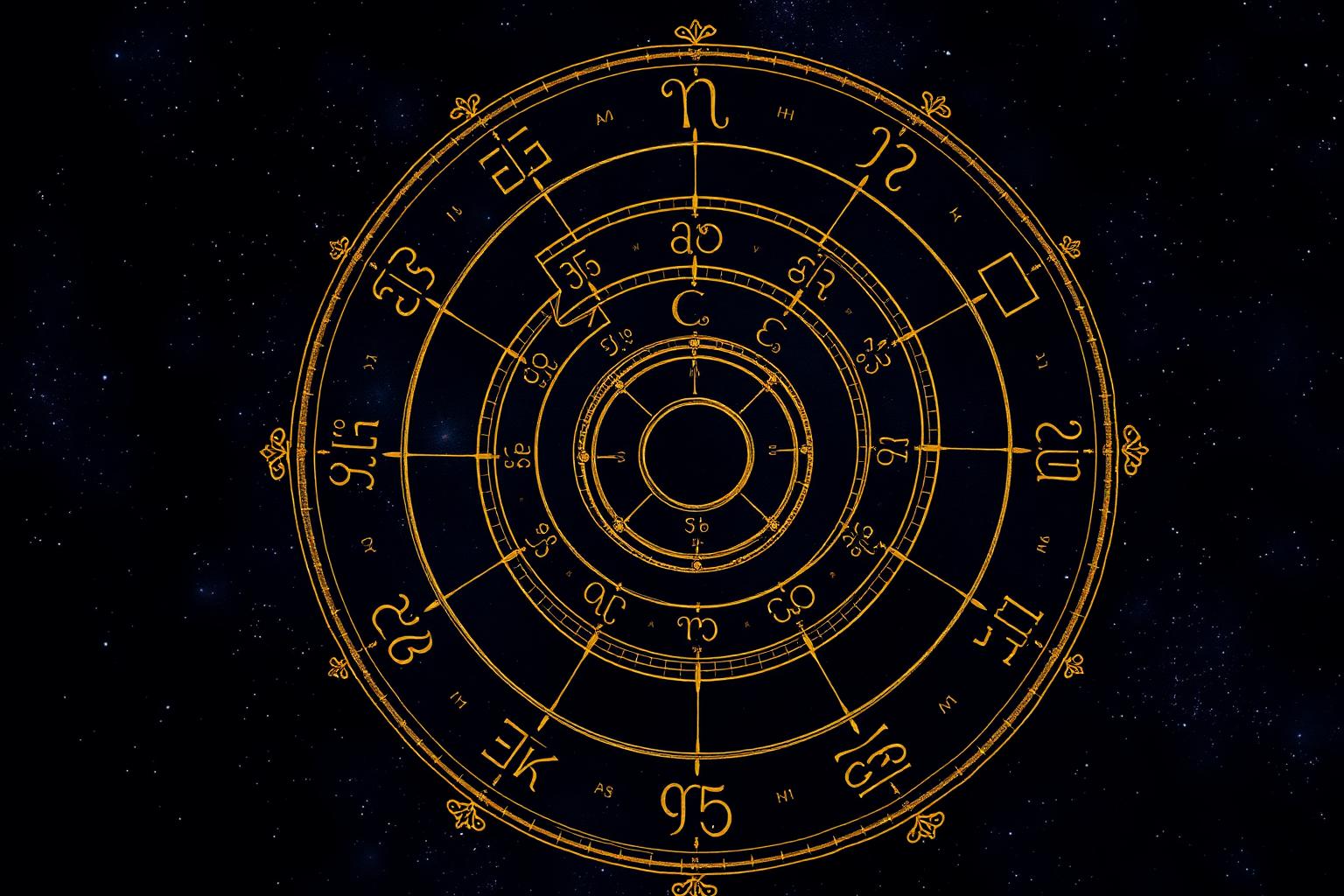 Golden zodiac wheel and Jathagam chart over a starlit night sky
